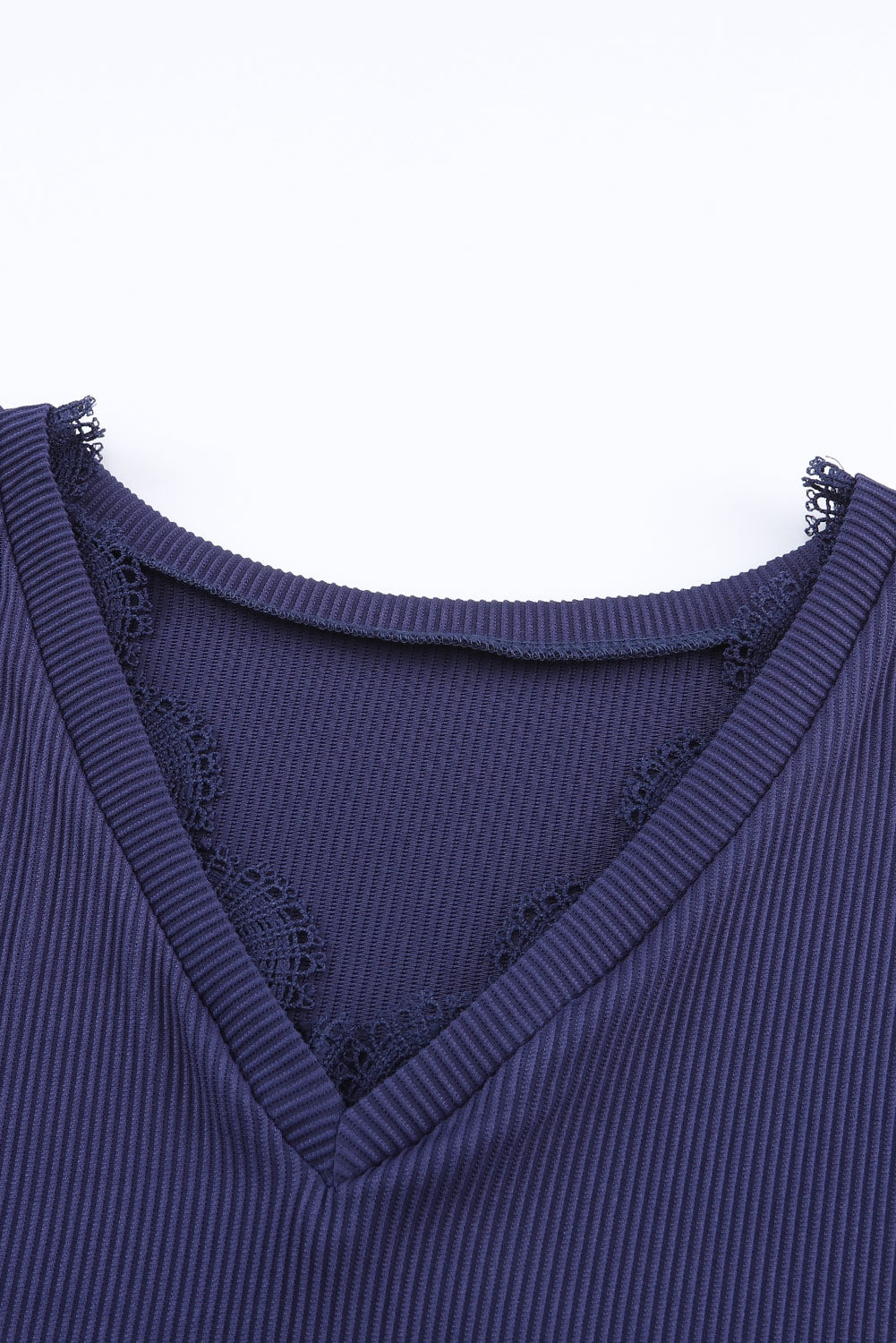 Blue Ribbed Texture Lace Trim V Neck Long Sleeve Top