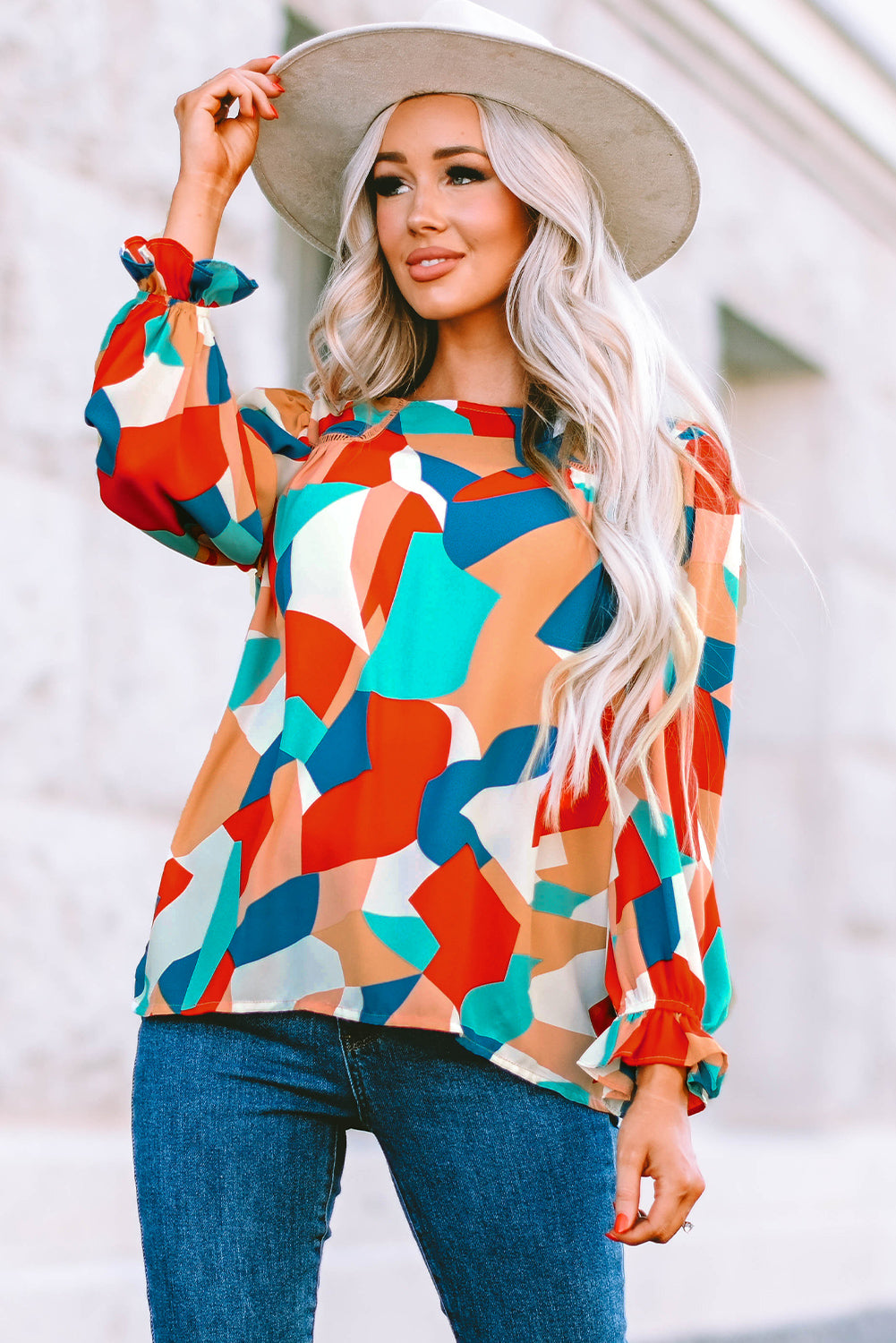 Multicolor Abstract Pattern Crewneck Ruffled Puff Sleeve Blouse