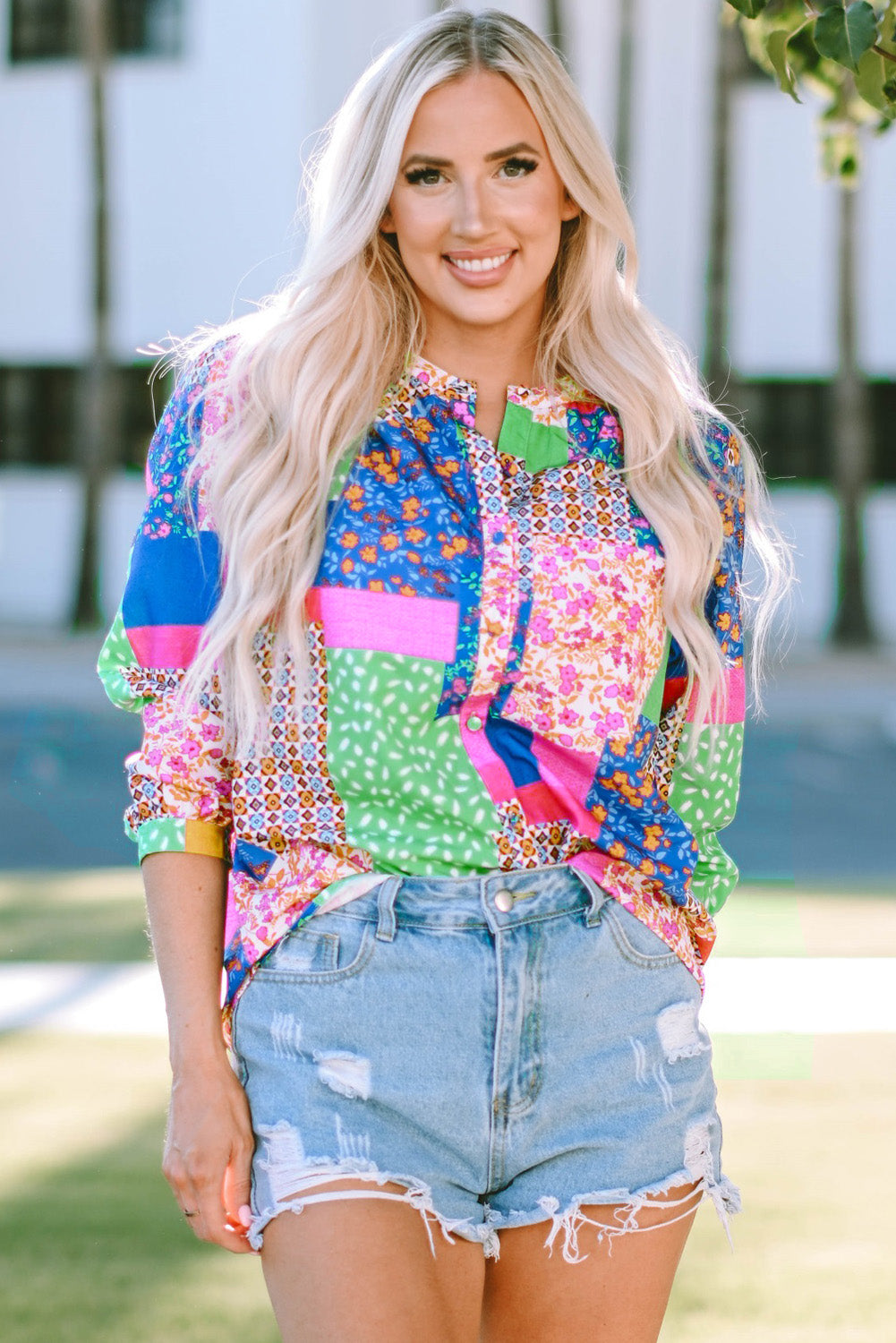 Multicolor Floral Patchwork Print Buttoned Puff Sleeve Shirt