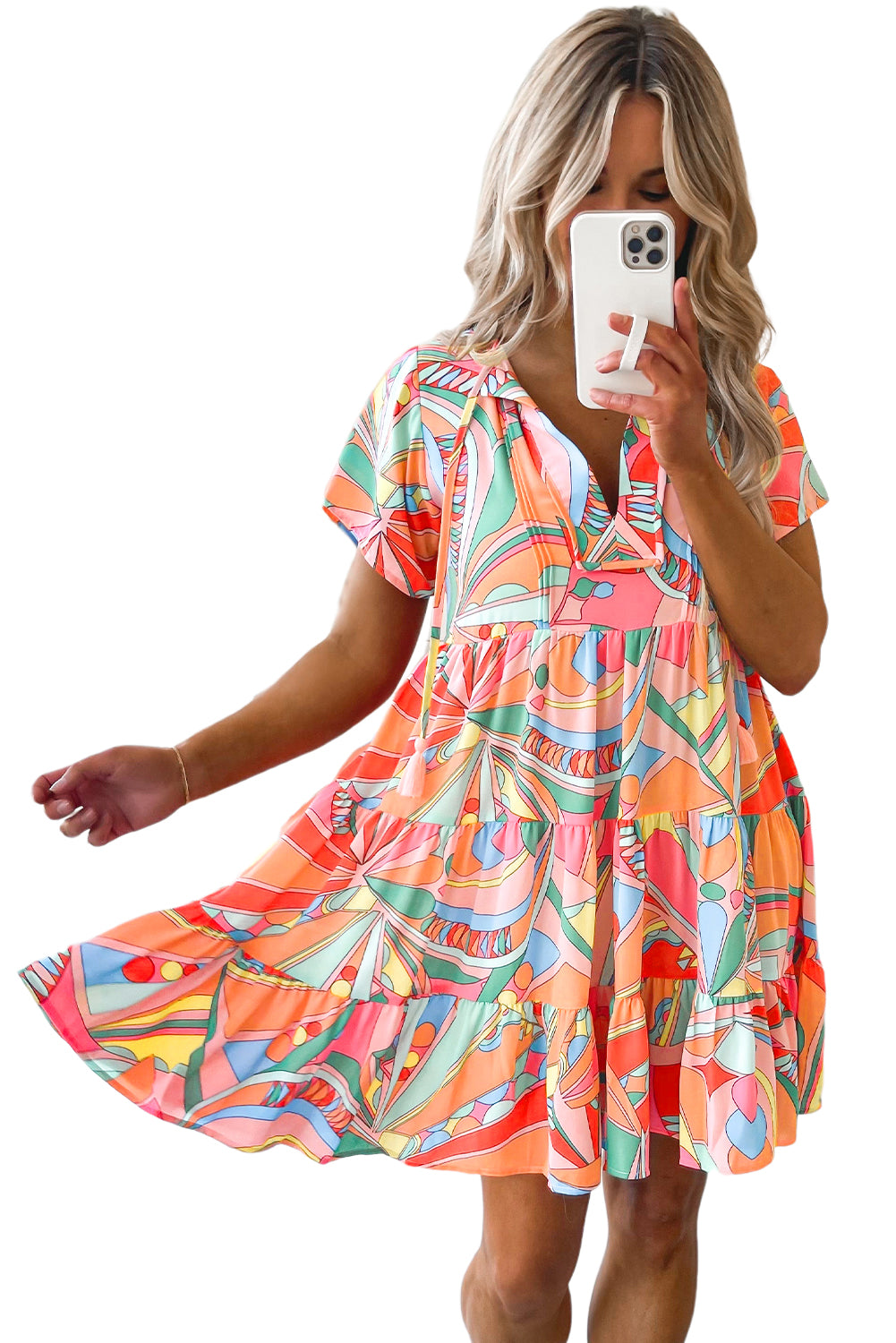 Multicolor Abstract Geometric Print Tassel Tie Flared Dress