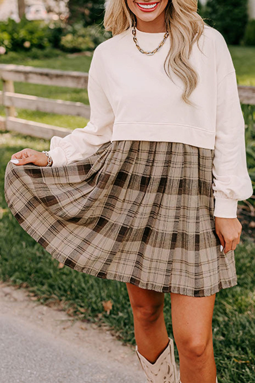 Beige Plaid Sweatshirt Mini Dress