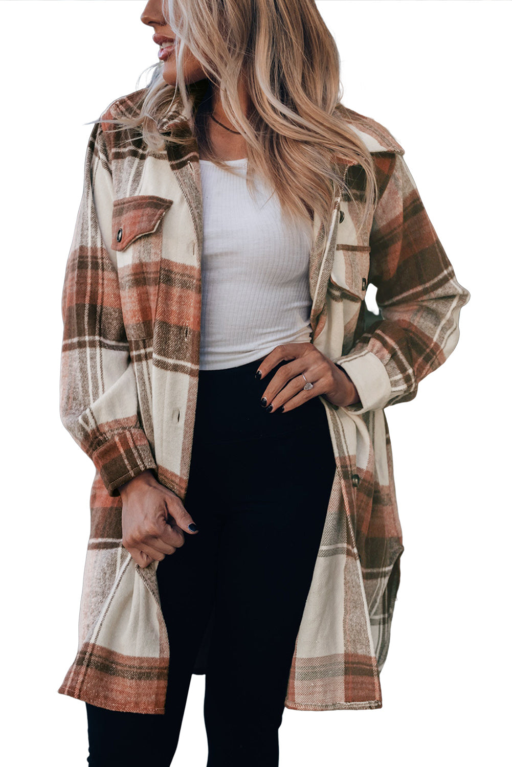 Brown Plaid Print Flap Pockets Long Shacket