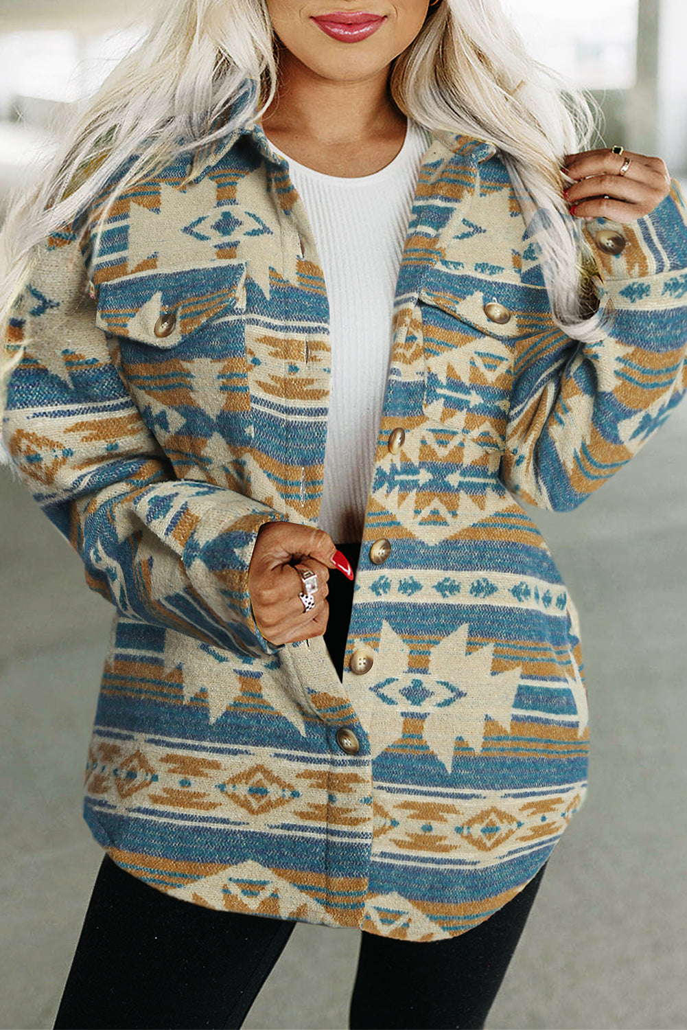 Blue Western Aztec Print Button Flap Pocket Shacket