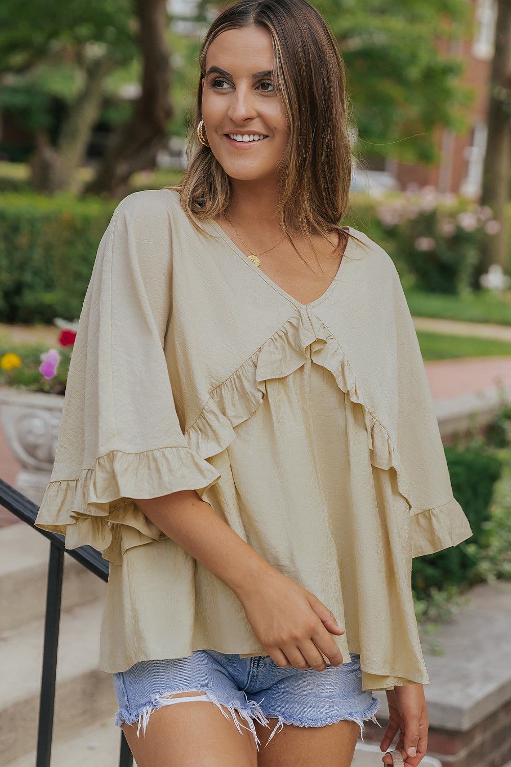 Apricot V Neck Draped Batwing Sleeve Ruffle Top