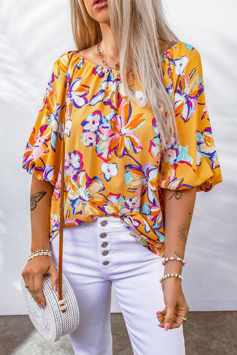 Yellow Floral Print Elastic Neckline Blouse