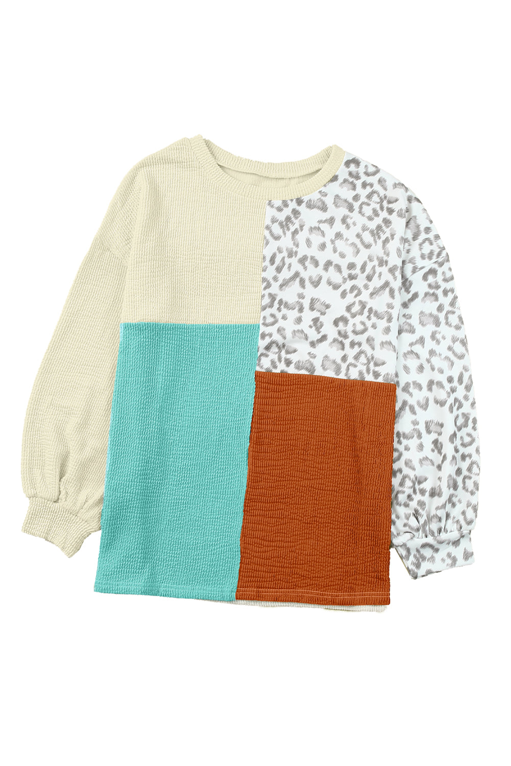 Leopard Patchwork Color Block Ribbed Long Sleeve Top