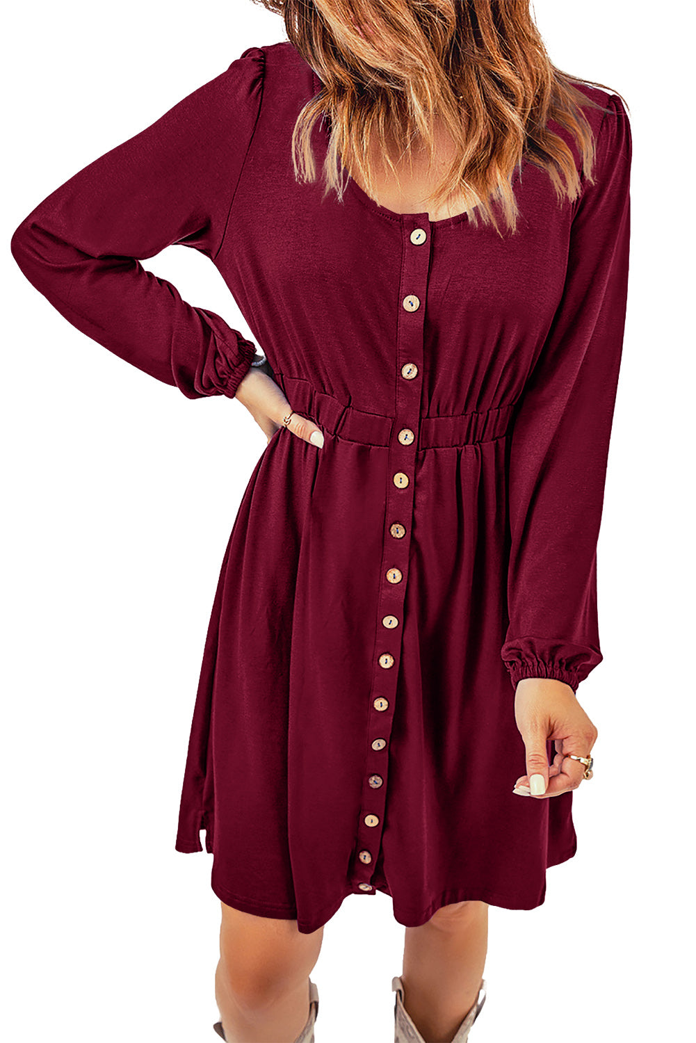 Red Button Up High Waist Long Sleeve Dress