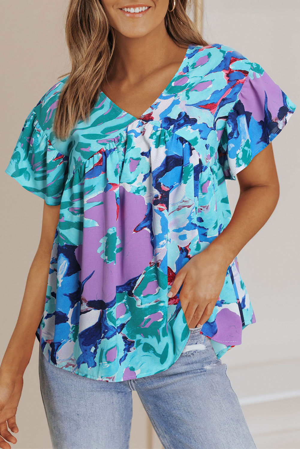 Sky Blue Abstract Print V Neck Flutter Sleeve Blouse