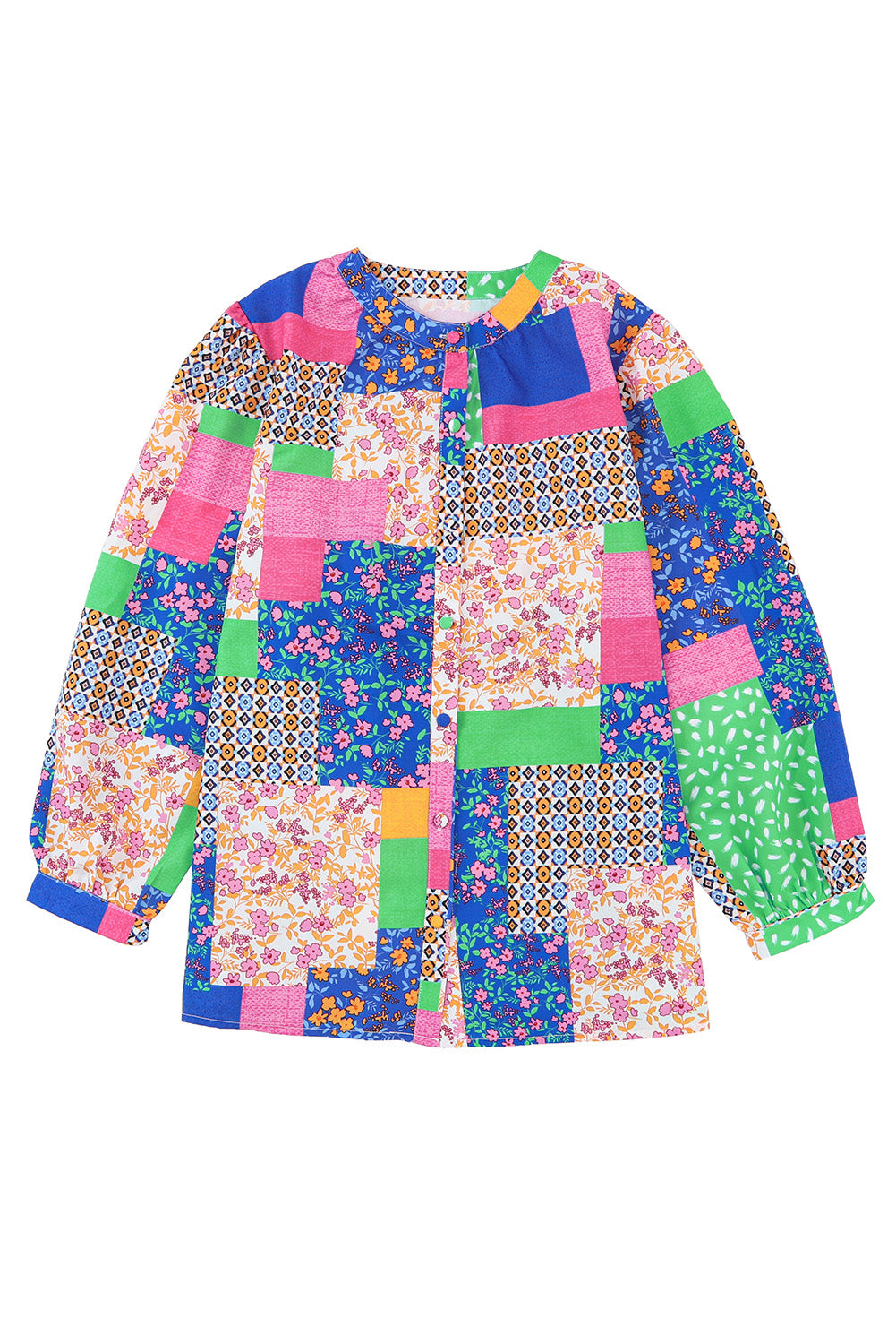 Multicolor Floral Patchwork Print Buttoned Puff Sleeve Shirt