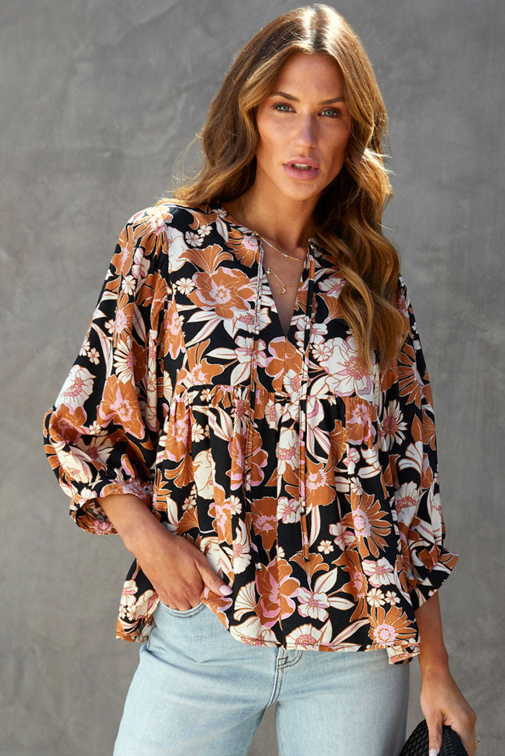 Brown Floral Print 3/4 Sleeve Babydoll Blouse