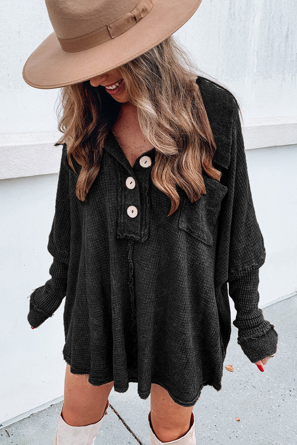 Black Waffle Knit Buttoned Long Sleeve Top