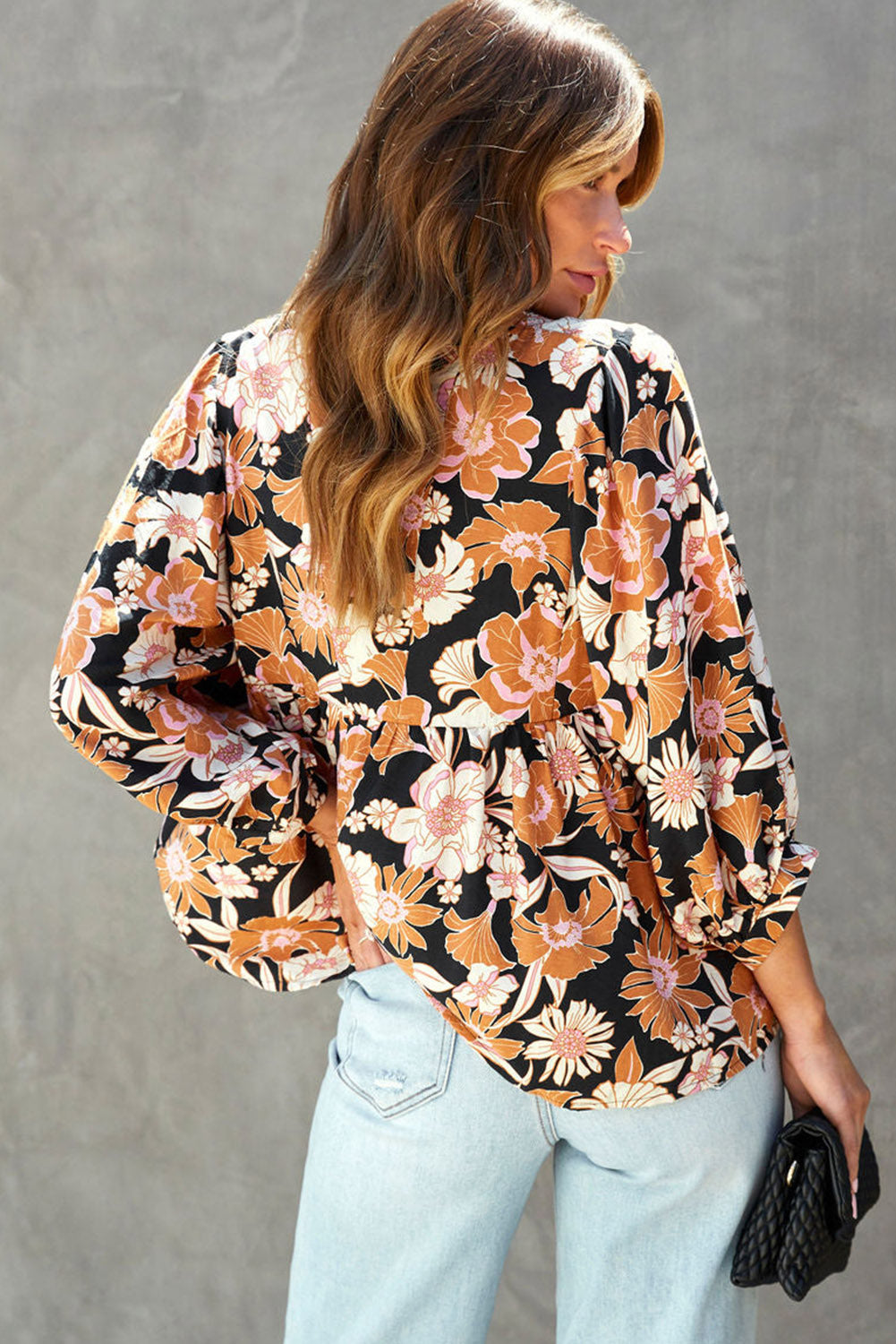 Brown Floral Print 3/4 Sleeve Babydoll Blouse