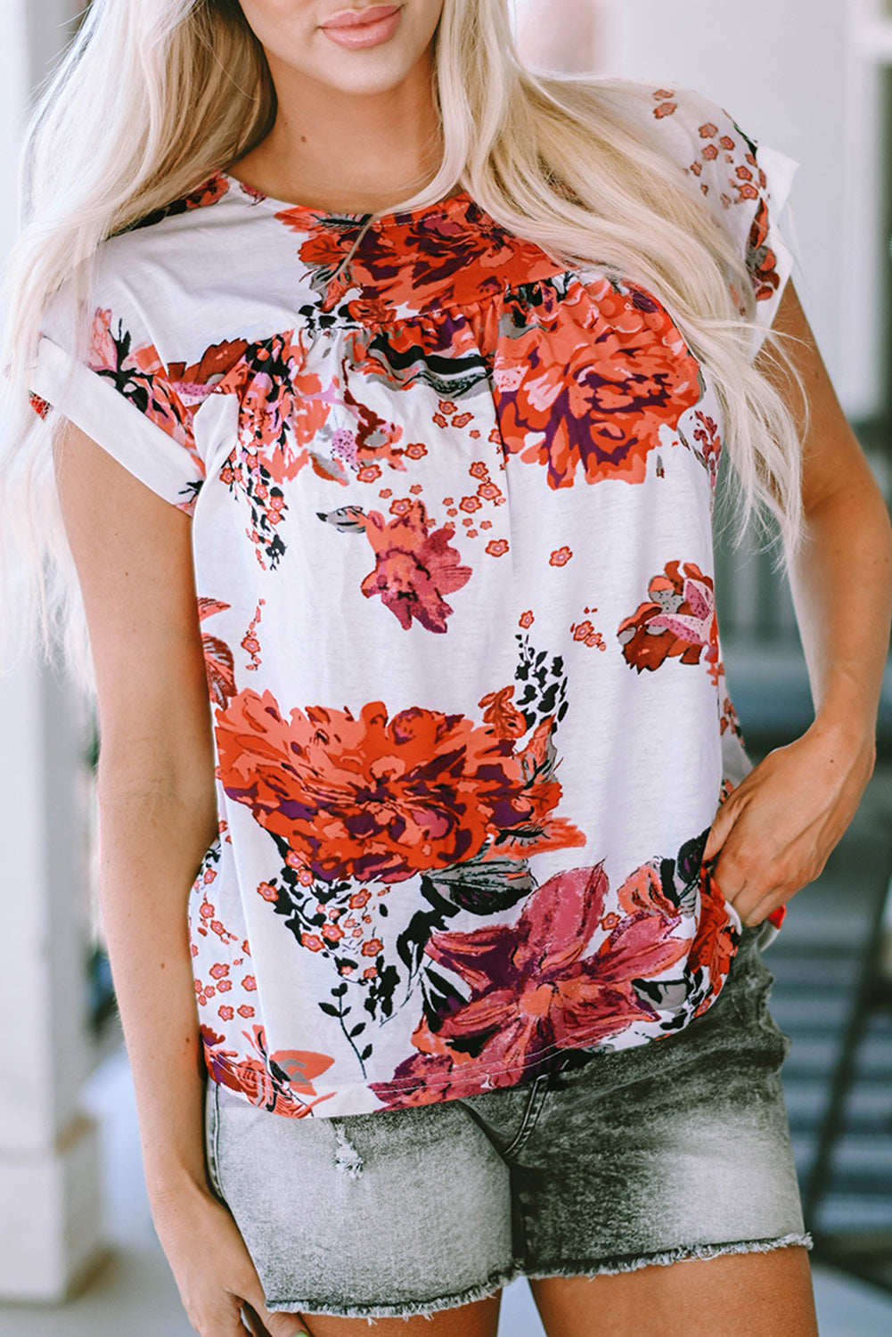 Red Floral Short Sleeve Round Neck Blouse