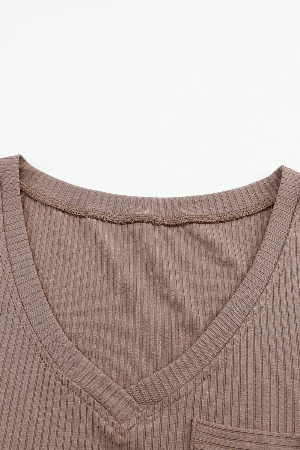 Khaki Ribbed Knit Patched Chest Pocket V Neck Top