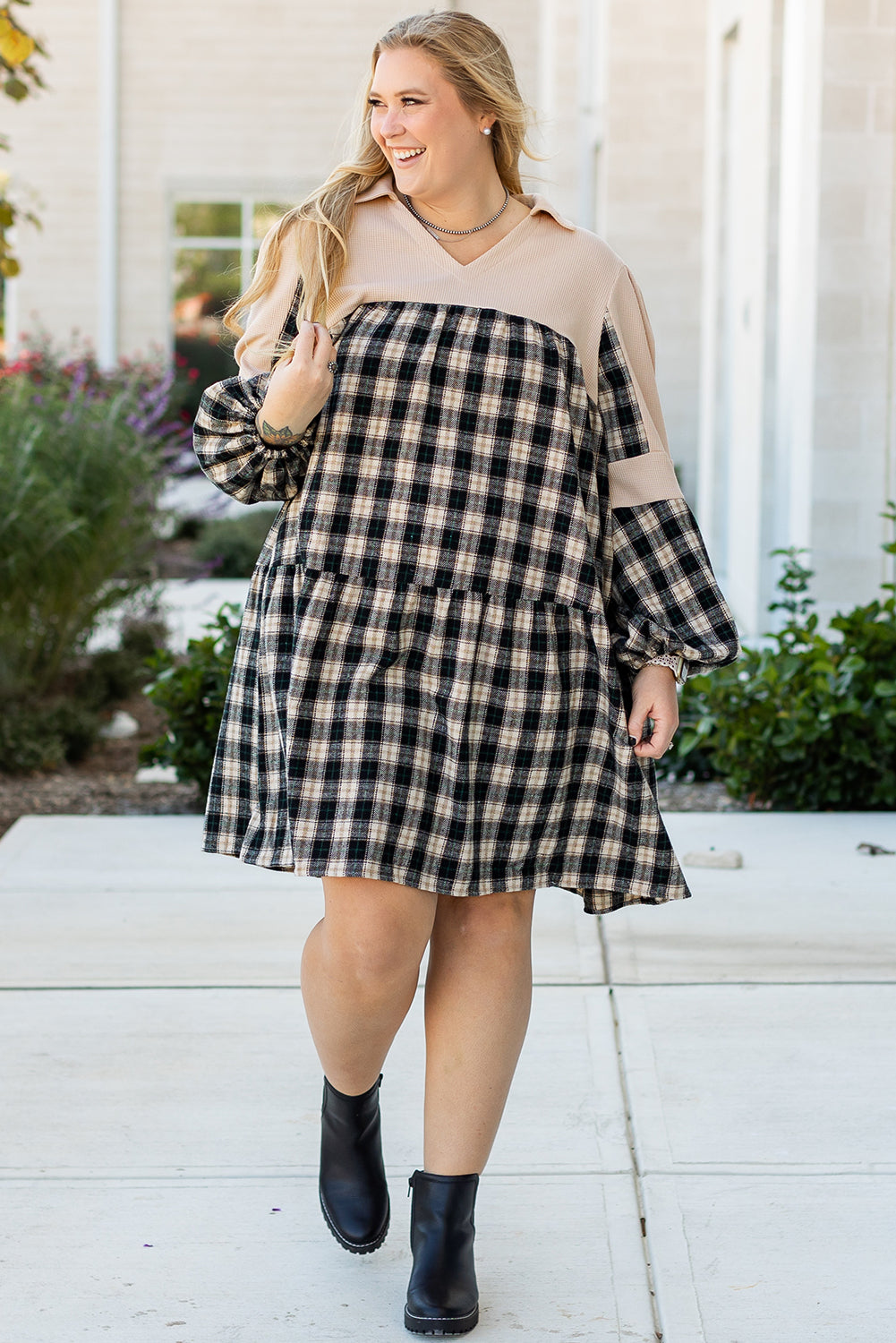 Plaid Waffle Knit Patchwork Mini Dress