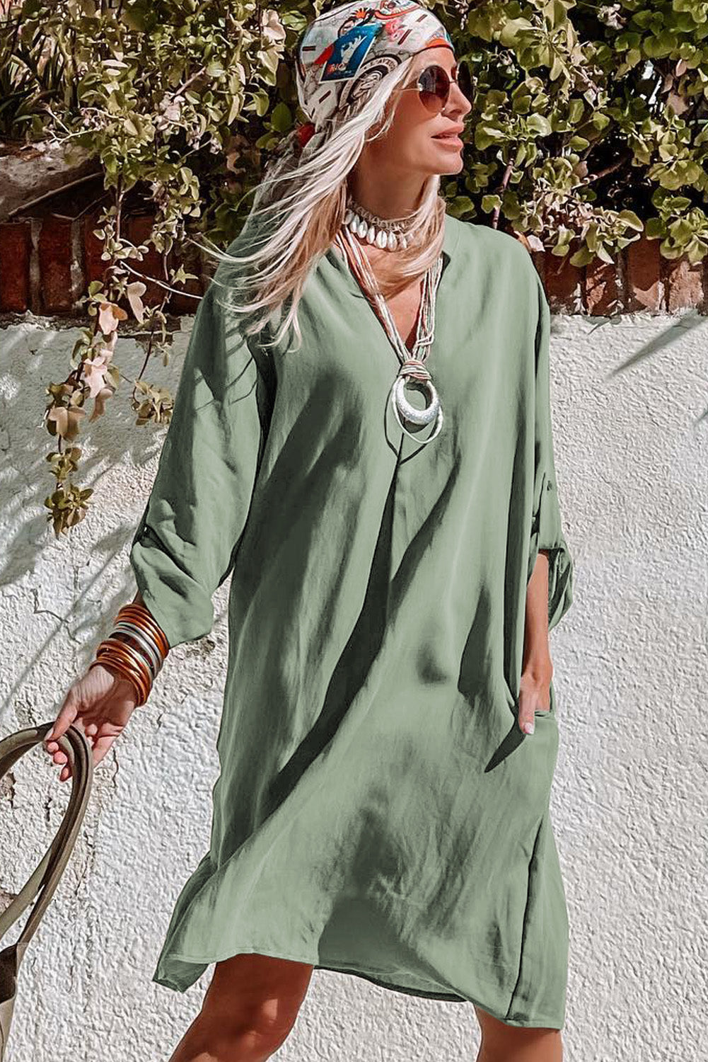 Green Roll-tab Sleeve Flowy Casual Dress