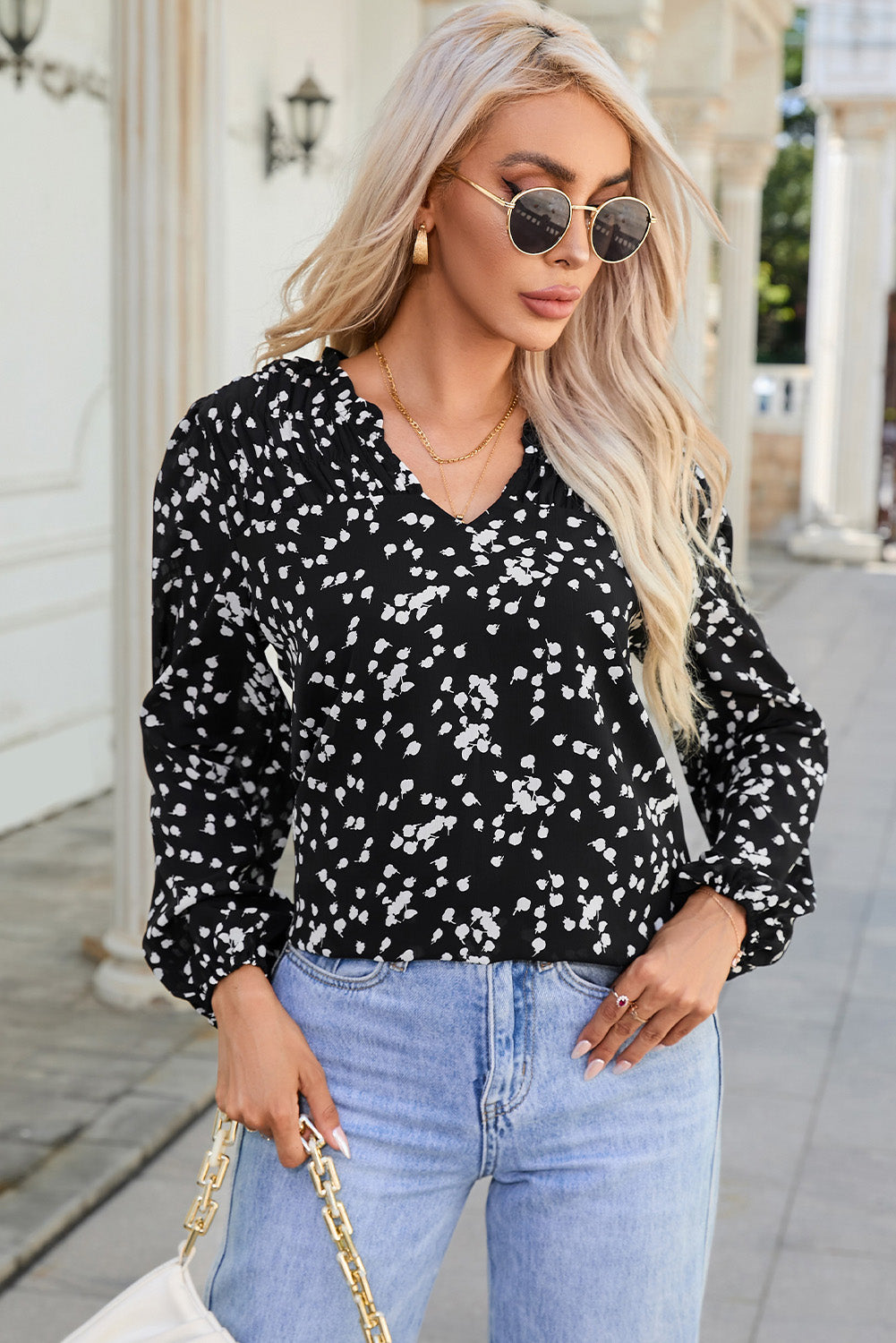 Black Split Neck Fall Printed Crinkled Blouse